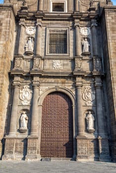 Beautiful ornate entrance to the cathedral of Puebla, Mexico