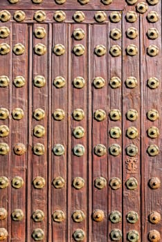 Details of the large wooden door on the cathedral in Puebla, Mexico