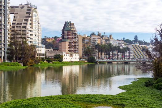 VINA DEL MAR, CHILE - MAY 30: View of an estuary flowing through the center of Vina del Mar, Chile on May 30, 2014