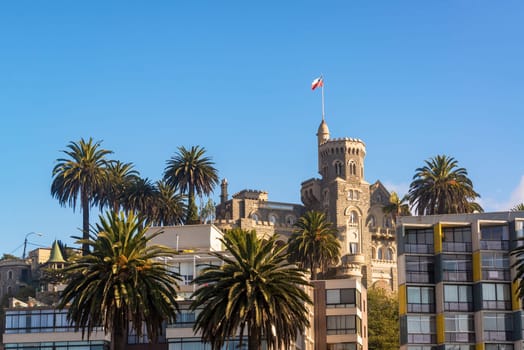 View of Brunet Castle and palm trees in Vina del Mar, Chile