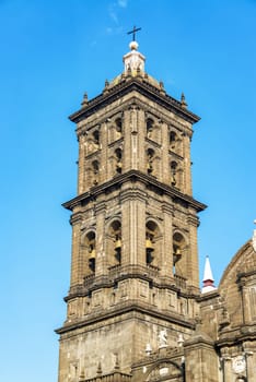 View of one of the spires rising from the cathedral in Puebla, Mexico