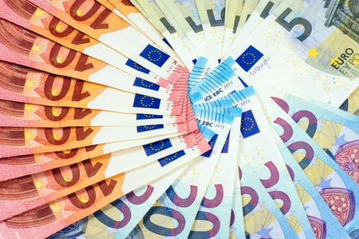 Macro photo about euro banknotes in circle.