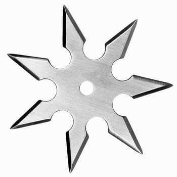 Silver colored metal shuriken isolated on white background.