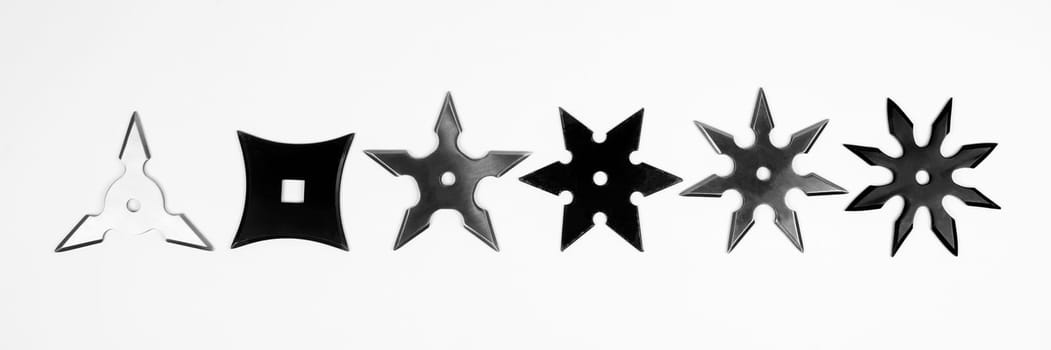 Six different shurikens are isolated on white background.
