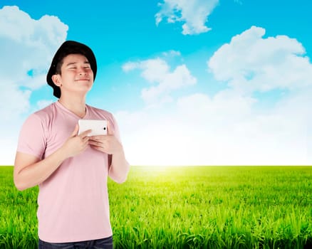 Tourist take selfie on meadow field in the holiday