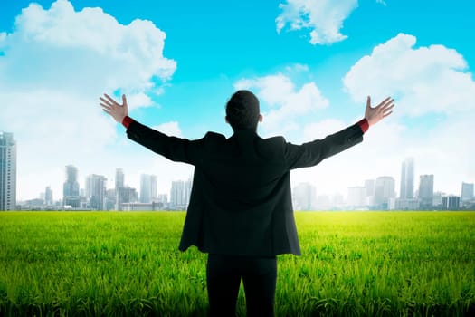Asian business man standing on green meadow facing city. Business vision concept