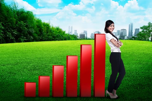 Asian business woman lean on increasing graph