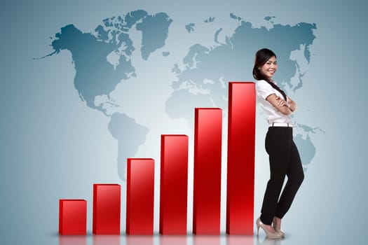 Asian business woman lean on increasing graph