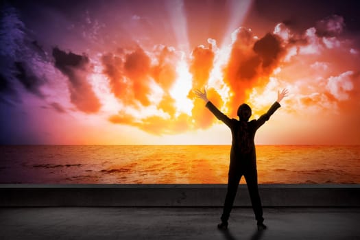 Asian business woman looking the cloud on the sea. Business success concept