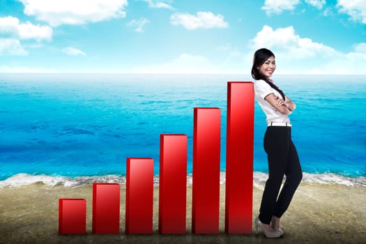 Asian business woman lean on increasing graph