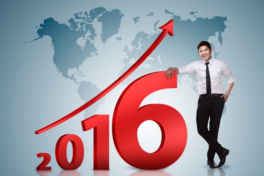 Asian business person lean next to 2016 number. New year resolution concept