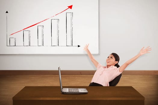 Young woman with white board. There increasing chart image