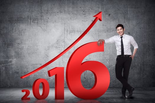 Asian business person lean next to 2016 number. New year resolution concept
