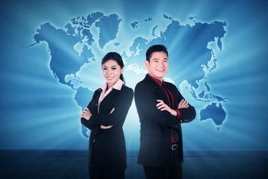 Business man and woman over world map background. Business team conceptual
