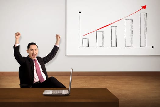 Young man with white board. There increasing chart image