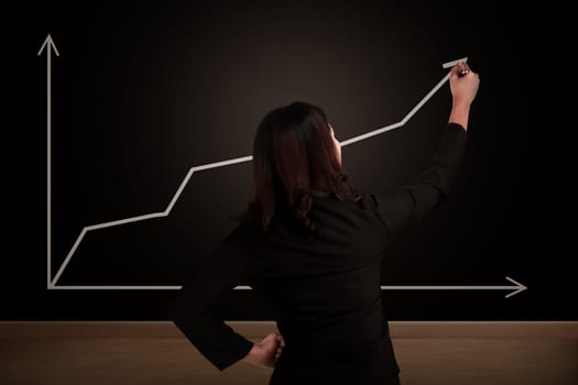 Business woman drawing increasing chart on the chalk board. Business success concept