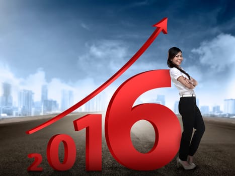 Asian business person lean next to 2016 number. New year resolution concept