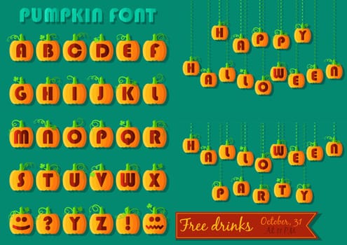 Funny pumpkin font. Orange geometric pumpkins with red signs. Jack of the Lantern. Happy Halloween. Invitation to party with red banner for custom text. illustration
