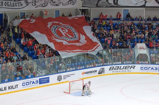 PODOLSK, RUSSIA - SEPTEMBER 3, 2017: O. Shilin (74) on a gate on hockey game Vityaz vs Avangard on 10th Russia KHL championship on September 3, 2017, in Podolsk, Russia. Vityaz won 6:2