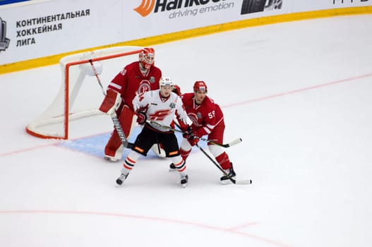 PODOLSK, RUSSIA - SEPTEMBER 3, 2017: Y. Voronkov (59) and K. Semyonov (94) on hockey game Vityaz vs Avangard on 10th Russia KHL championship on September 3, 2017, in Podolsk, Russia. Vityaz won 6:2
