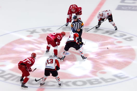PODOLSK, RUSSIA - SEPTEMBER 3, 2017: R. Horak (15) and M. Fisenko (11) on face-off on hockey game Vityaz vs Avangard on 10th Russia KHL championship on September 3, 2017, in Podolsk, Russia. Vityaz won 6:2