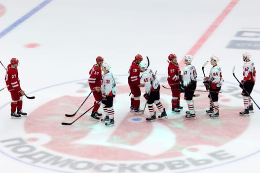 PODOLSK, RUSSIA - SEPTEMBER 3, 2017: Last handshake of teams just after hockey game Vityaz vs Avangard on 10th Russia KHL championship on September 3, 2017, in Podolsk, Russia. Vityaz won 6:2