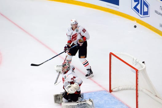 PODOLSK, RUSSIA - SEPTEMBER 3, 2017: E. Martynov (55) defend on hockey game Vityaz vs Avangard on 10th Russia KHL championship on September 3, 2017, in Podolsk, Russia. Vityaz won 6:2