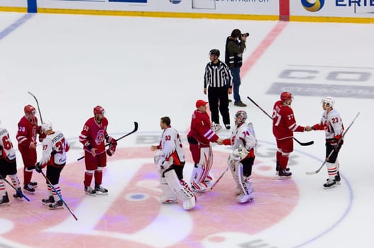 PODOLSK, RUSSIA - SEPTEMBER 3, 2017: Last handshake of teams just after hockey game Vityaz vs Avangard on 10th Russia KHL championship on September 3, 2017, in Podolsk, Russia. Vityaz won 6:2