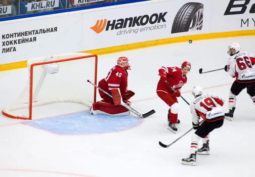 PODOLSK, RUSSIA - SEPTEMBER 3, 2017: I. Saprykin (40) watch a puck flying on hockey game Vityaz vs Avangard on 10th Russia KHL championship on September 3, 2017, in Podolsk, Russia. Vityaz won 6:2