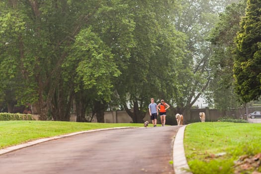 Teen boy girl warm down after fitness exercise  run on home driveway with dogs