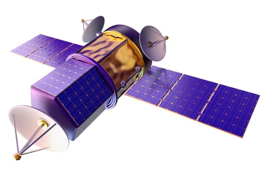 3D model of an artificial satellite of the Earth, equipped solar panels and parabolic satellite communications antenna