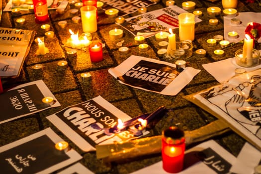 BERLIN, GERMANY - JANUARY 7TH, 2015: March against Charlie Hebdo magazine terrorism attack, on January 7th, 2015,  in front of France Embassy in Berlin, Germany