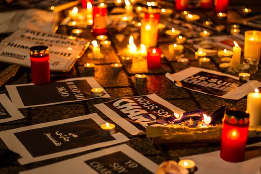 BERLIN, GERMANY - JANUARY 7TH, 2015: March against Charlie Hebdo magazine terrorism attack, on January 7th, 2015,  in front of France Embassy in Berlin, Germany