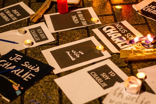 BERLIN, GERMANY - JANUARY 7TH, 2015: March against Charlie Hebdo magazine terrorism attack, on January 7th, 2015,  in front of France Embassy in Berlin, Germany