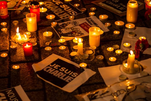 BERLIN, GERMANY - JANUARY 7TH, 2015: March against Charlie Hebdo magazine terrorism attack, on January 7th, 2015,  in front of France Embassy in Berlin, Germany