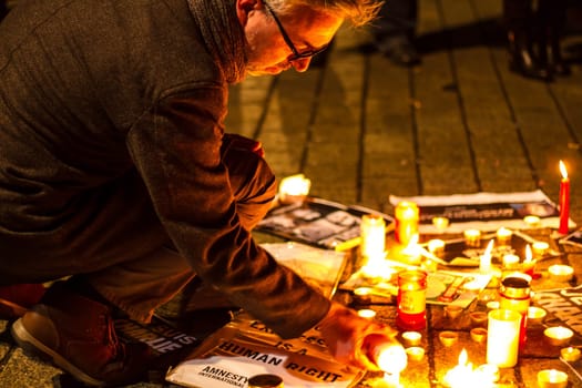 BERLIN, GERMANY - JANUARY 7TH, 2015: March against Charlie Hebdo magazine terrorism attack, on January 7th, 2015,  in front of France Embassy in Berlin, Germany