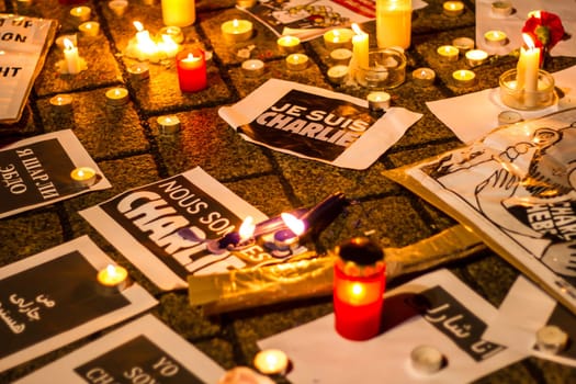 BERLIN, GERMANY - JANUARY 7TH, 2015: March against Charlie Hebdo magazine terrorism attack, on January 7th, 2015,  in front of France Embassy in Berlin, Germany