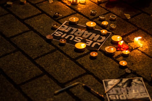 BERLIN, GERMANY - JANUARY 7TH, 2015: March against Charlie Hebdo magazine terrorism attack, on January 7th, 2015,  in front of France Embassy in Berlin, Germany
