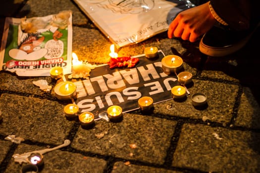 BERLIN, GERMANY - JANUARY 7TH, 2015: March against Charlie Hebdo magazine terrorism attack, on January 7th, 2015,  in front of France Embassy in Berlin, Germany