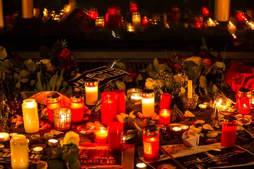 BERLIN, GERMANY - JANUARY 7TH, 2015: March against Charlie Hebdo magazine terrorism attack, on January 7th, 2015,  in front of France Embassy in Berlin, Germany