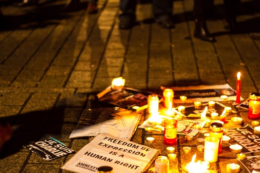 BERLIN, GERMANY - JANUARY 7TH, 2015: March against Charlie Hebdo magazine terrorism attack, on January 7th, 2015,  in front of France Embassy in Berlin, Germany