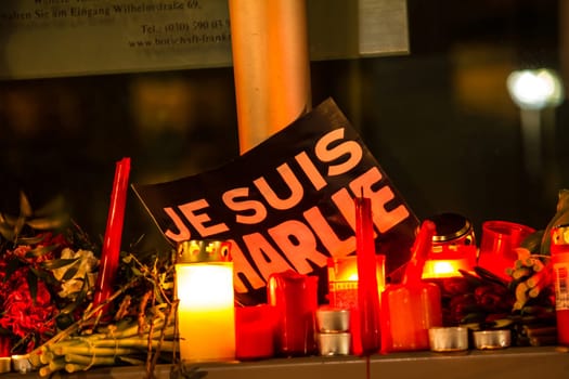 BERLIN, GERMANY - JANUARY 7TH, 2015: March against Charlie Hebdo magazine terrorism attack, on January 7th, 2015,  in front of France Embassy in Berlin, Germany