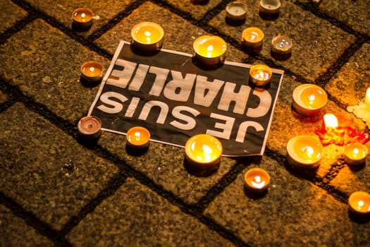 BERLIN, GERMANY - JANUARY 7TH, 2015: March against Charlie Hebdo magazine terrorism attack, on January 7th, 2015,  in front of France Embassy in Berlin, Germany