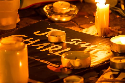 BERLIN, GERMANY - JANUARY 7TH, 2015: March against Charlie Hebdo magazine terrorism attack, on January 7th, 2015,  in front of France Embassy in Berlin, Germany