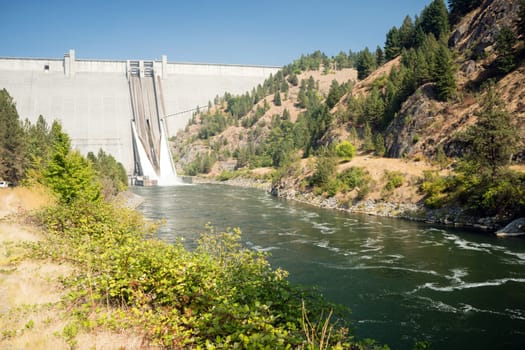 The spillway drains water from the dam down into the Clearwater River in Idaho