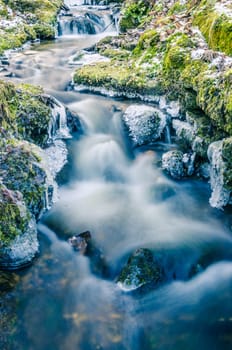 The flow of water in the spring of icicles and ice