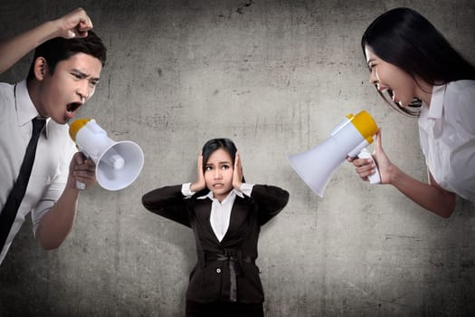 Business leader give order via megaphone to subordinate. Business communication concept