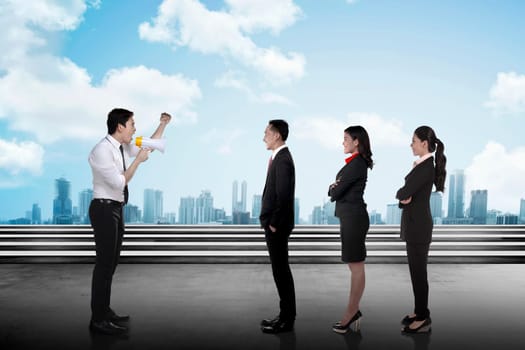 Leader give order via megaphone to his subordinate. Business communication concept