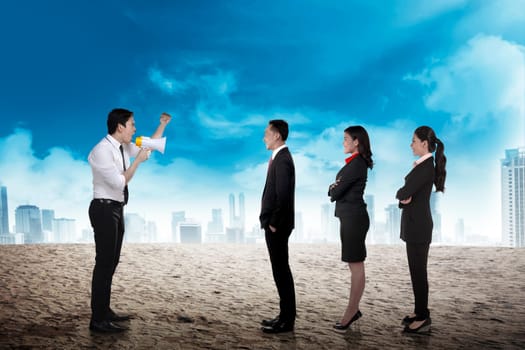 Leader give order via megaphone to his subordinate. Business communication concept