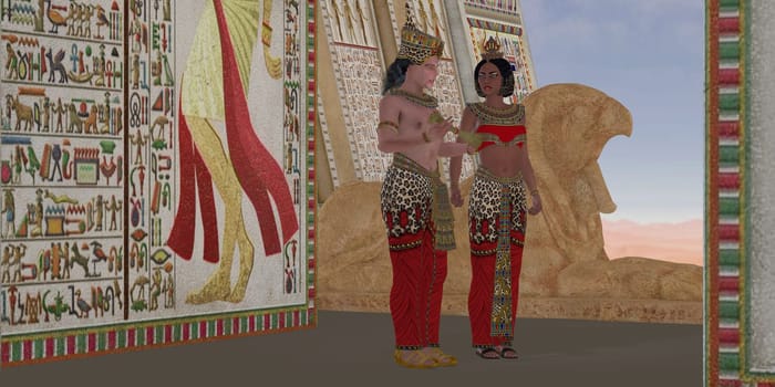 An Egyptian king talks with the queen over affairs of the state after he receives a scroll.
